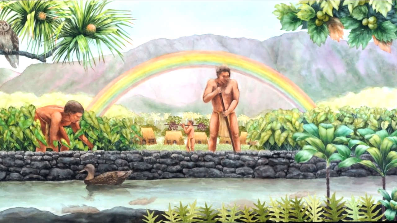painting of traditional Hawaiian life.